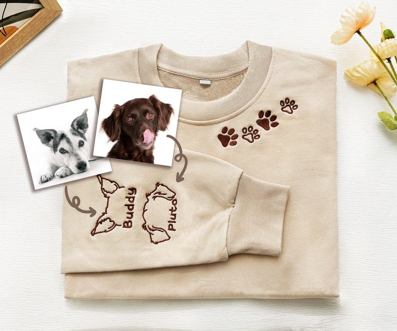 Custom Dog Portrait Line Art Embroidered With Dog Ear Outline Sweatshirt