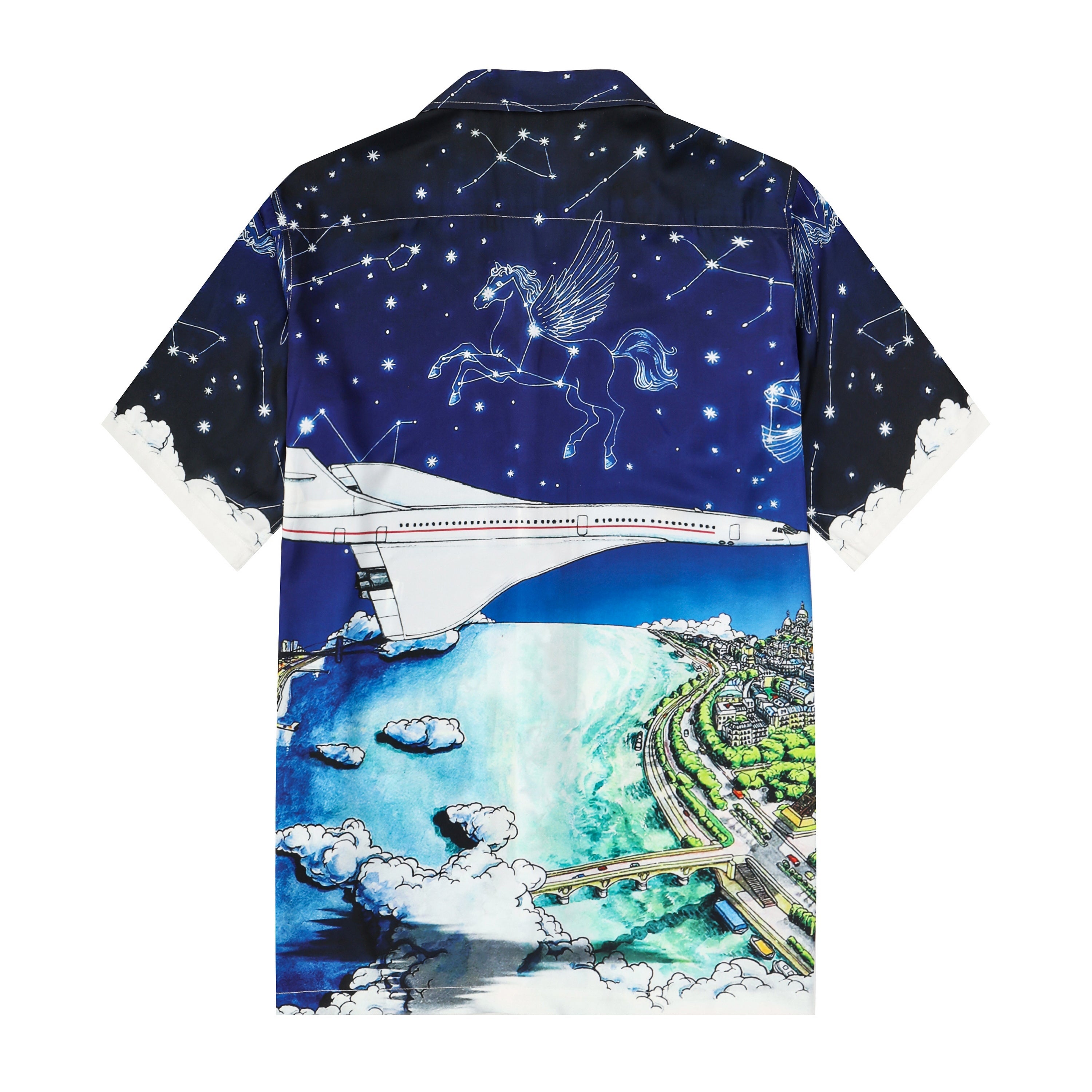 airplane starry night print short sleeve camp collar hawaiian shirt 7610