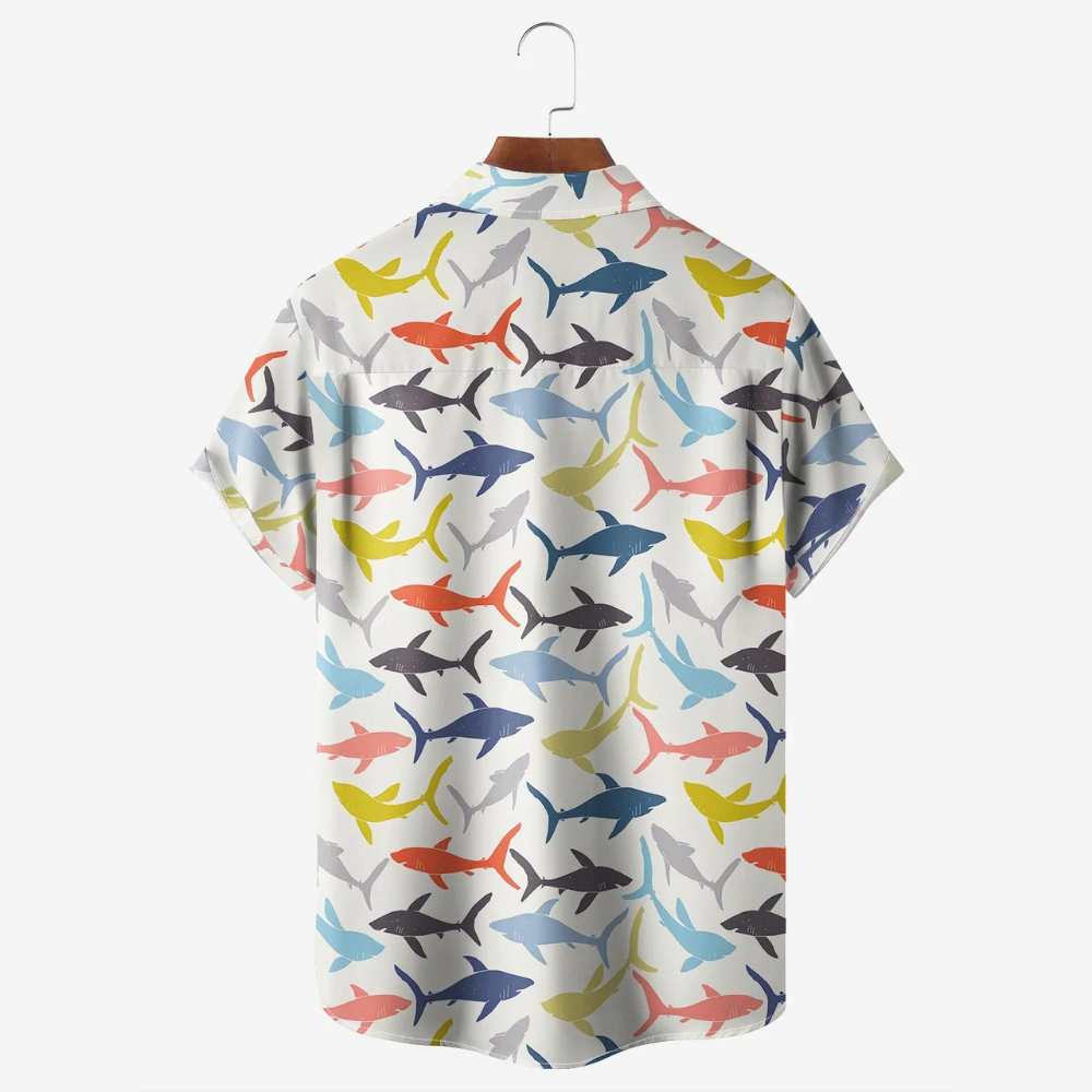 cartoon colorful sharks hawaiian shirt 6238