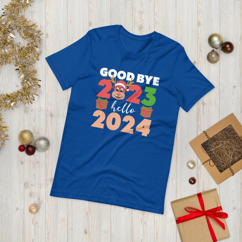 good bye 2023 hello 2024 unisex t shirt christmas reindeer happy new year xmas season 7069 gmkep