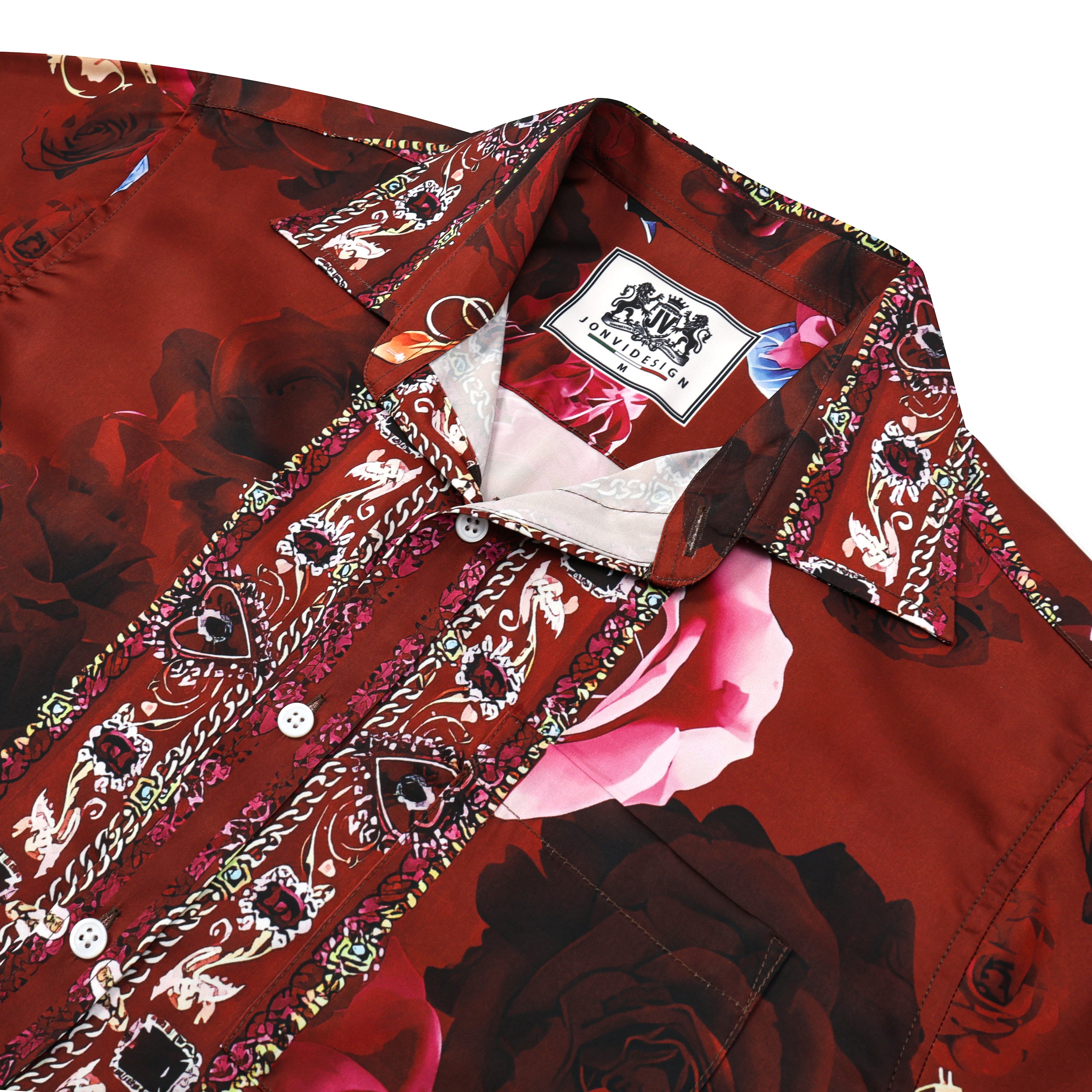 red rose floral silk fiber short sleeve casual hawaiian shirt 2421 mcebz