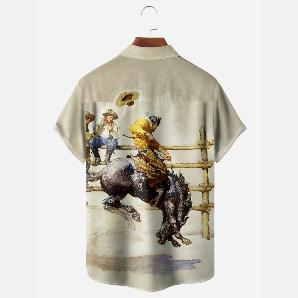 vintage cowboy bullfight painting hawaiian shirt 7887