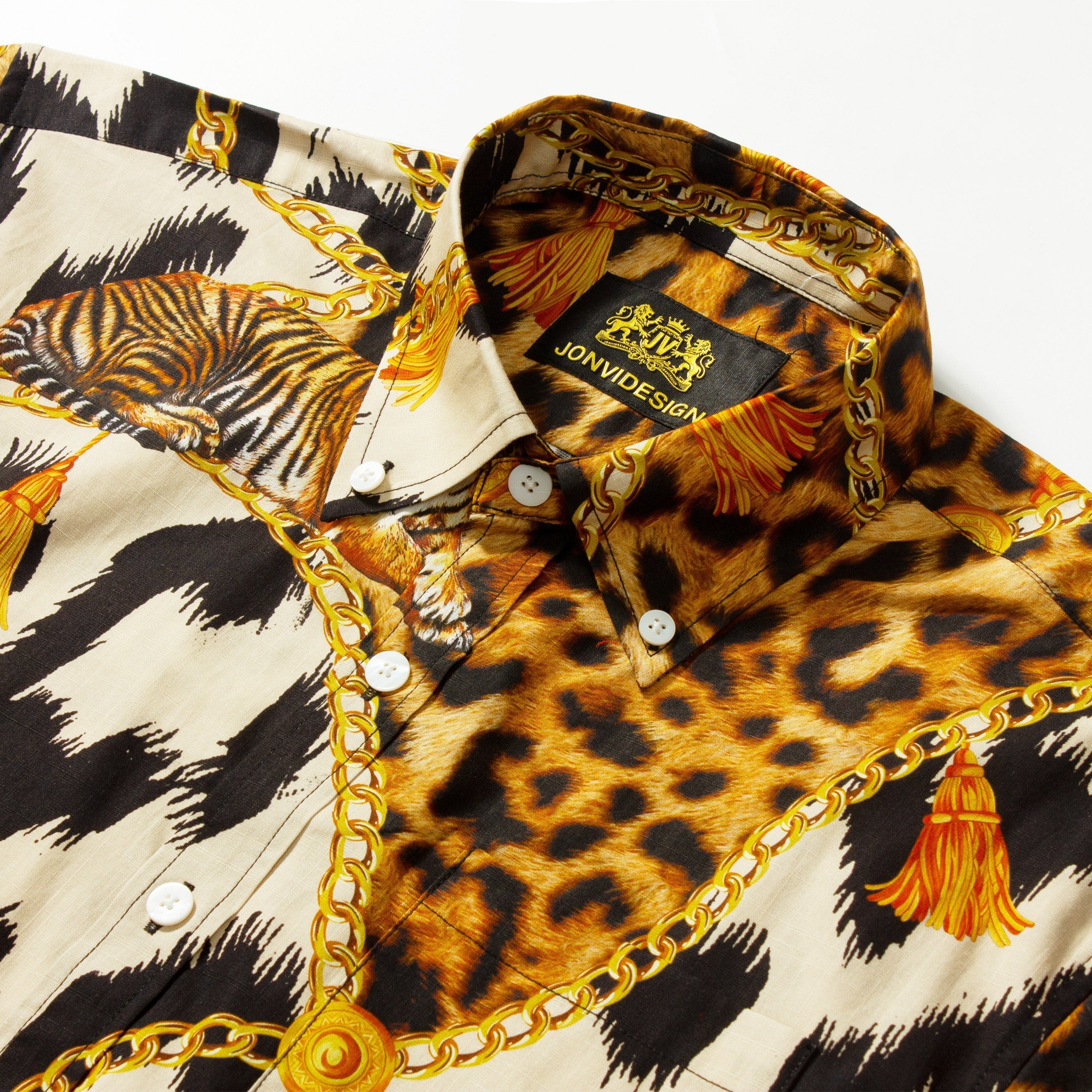 wild animal print short sleeve hawaiian shirt with golden chain accent 2416 vch9y